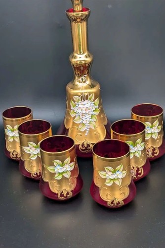 Signierte Murano Glas Karaffe Set mit sechs Gläsern 24K Blattgold - San Marco - Bild 5 von 20