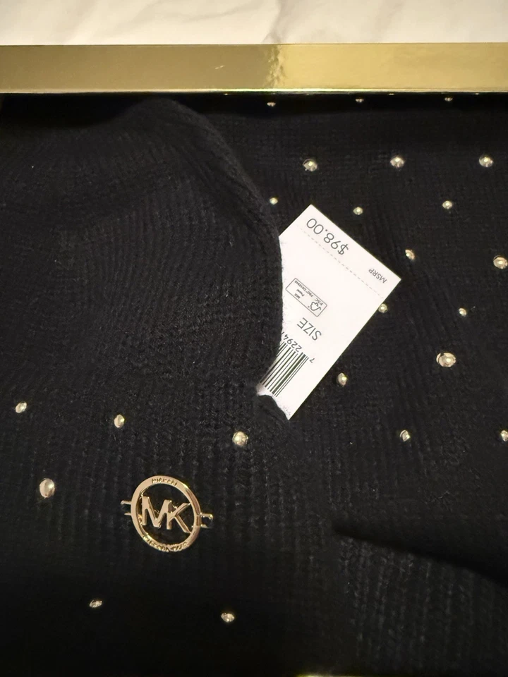 Nuevo con etiquetas Auténtico Elegante Michael Kors Negro y Dorado Conjunto de 2 Sombrero Bufanda Caja de Regalo $98 Foto 4 de 4