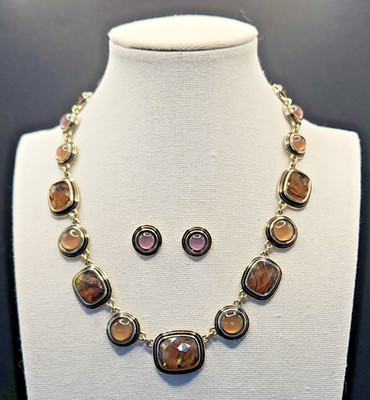Napier Necklace Earring Set Silver Tone Square Dark Blue Stone  16 18  Statement