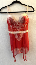 Victoria s Secret Red Lace Mesh Corset Bustier Bra Garter Padded Push Up 34C