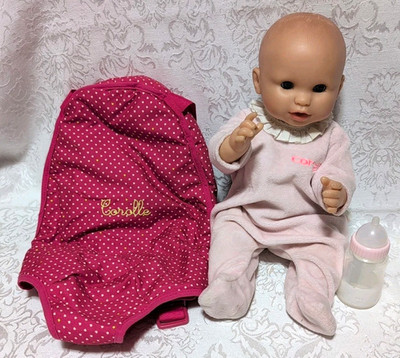Corolle Drink & Wet Bath Baby Doll Girl 15'' Sleep Eyes Carrier Bottle 2017
