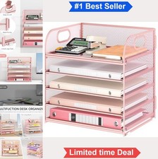 Mesh Letter Tray Organizer 5 Tier Pink Steel Frame Sliding Trays Desk File