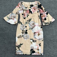 Calvin Klein Dress Womens Size 8 Beige Floral Sheath Bell Sleeve Scuba Stretch