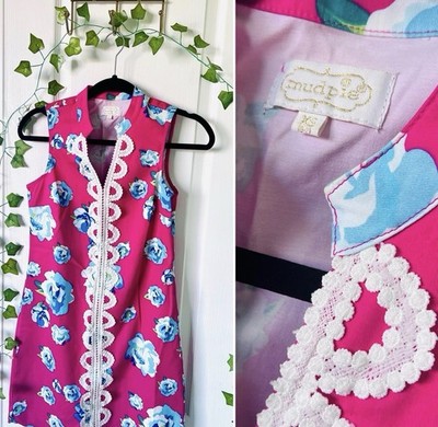 Mud Pie Floral Dress Sleeveless Lace Trim Hot Pink Blue XS