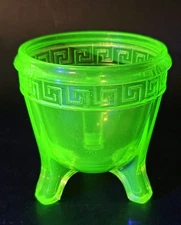 J.E. Smith Green Uranium Vaseline Glass Footed Greek Key Bowl Vanity Jar