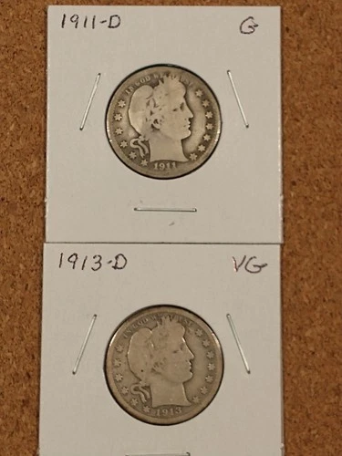 1911-D G & 1913-D VG Low Mintage Silver Barber Quarters