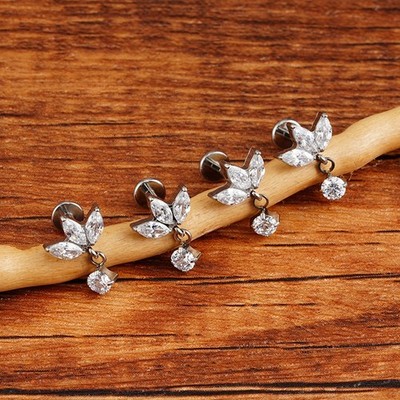 Right Grand Implant Grade Titanium 16G Triple Marquise CZ Internally Threaded La