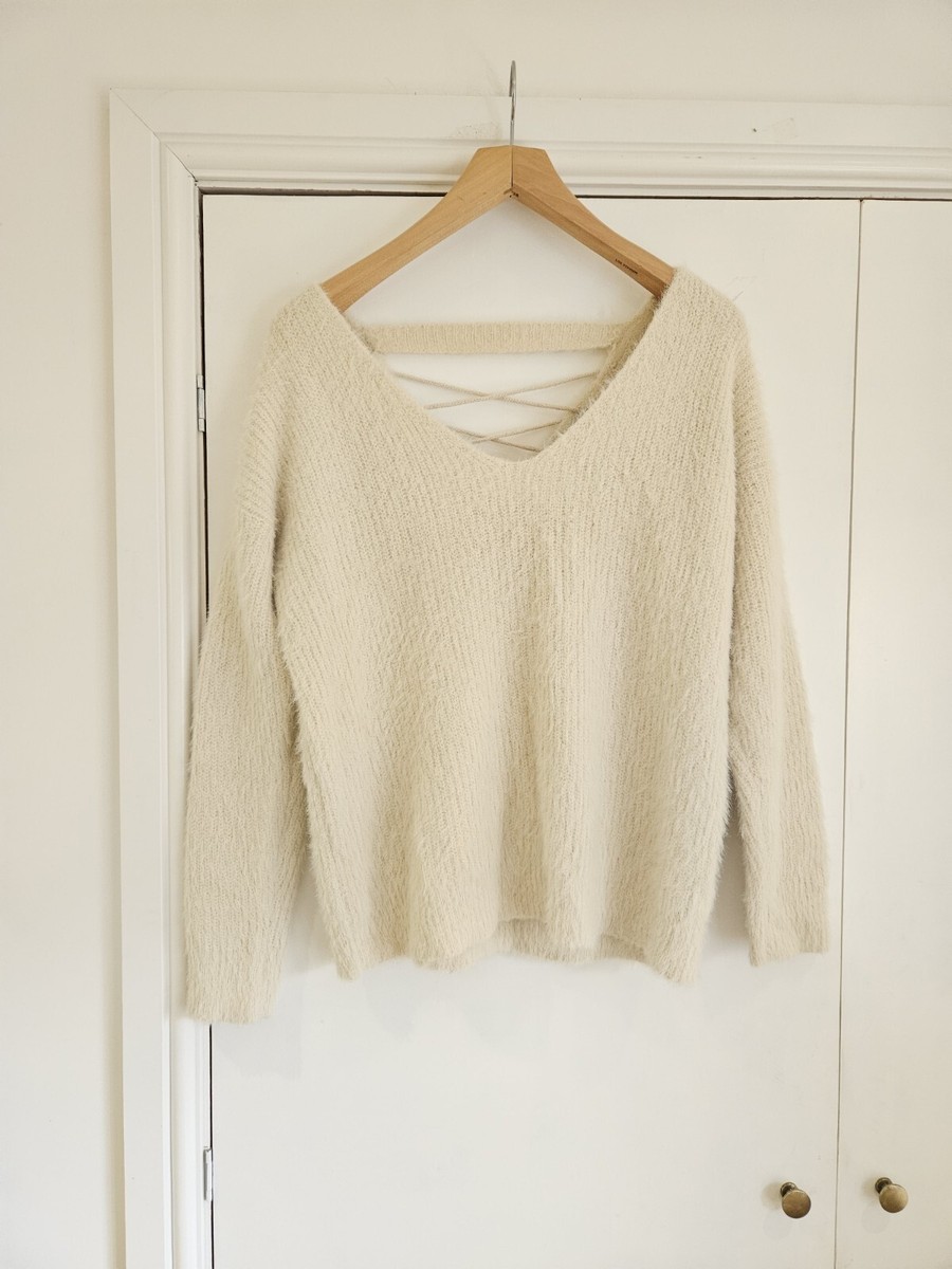 Size M 10 White Cream Fluffy Furry Winter Warm Jumper Backless V