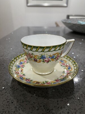 Vintage ART DECO Minton Floral Cup & Saucer Green & Gold Border 1920 s VGC