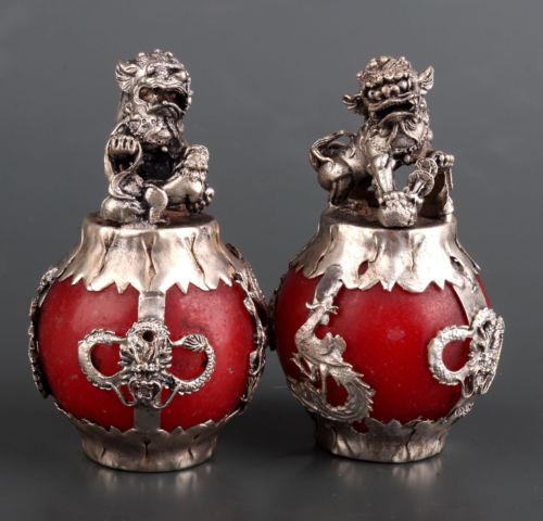 A pair Chinese old Tibet silver  hand carved Armor Jade Dragon Lion Statue 22900 - Picture 1 of 9