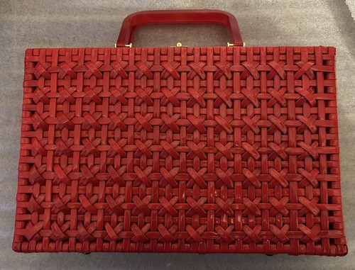 1960'S LESCO LONA Red Plastic Woven Wicker 12" Bag Iridescent Plastic Handles - Picture 2 of 9