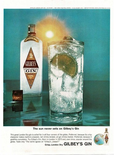 1964 GILBEY'S Gin tall glass on water in sunlight Vintage Print Ad
