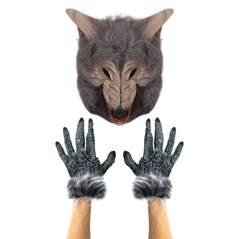 WOLF MASK AND HANDS COSTUME SET HALLOWEEN WEREWOLF ADULTS ANIMAL FANCY DRESS - Image 4 of 4