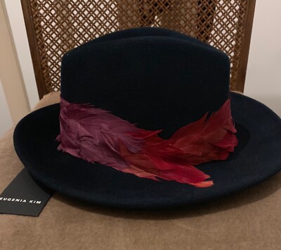 BNWT EUGENIA KIM BIANCA HAT MIDNIGHT BLUE,RED FEATHERS,SIZE  display picture 1