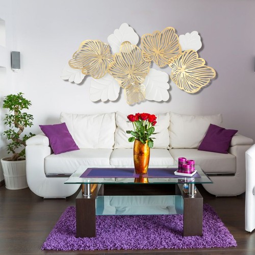 Metal Flowers +Leaves Wall Art Large White +Gold Sculpture Hanging Home Decor