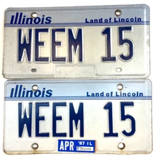 Vintage Illinois 1987 Auto License Plate Set Vanity WEEM 15 Collector Wall Decor