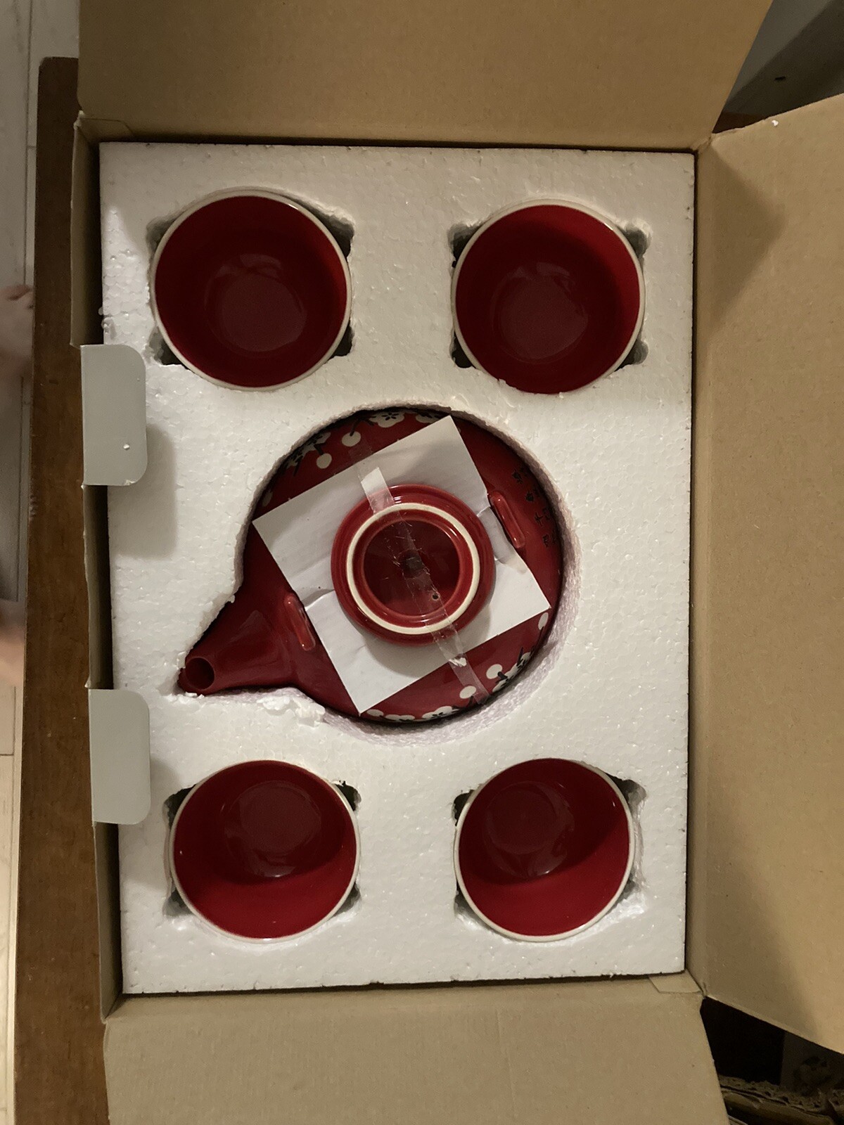 Asian Teapot Tea Set 4 Cups White with Black and Red Characters New in Box