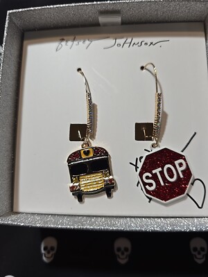 Betsey Johnson Gold Tone Crystal School Bus & Stop Sign Mismatch Drop Earrings