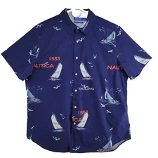 Nautica Classic Fit Men's Size L Blue Sail Boat Print Stretch Casual Shirt