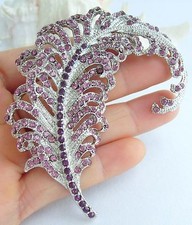 Pretty 3.35" Purple Austrian Crystal Feather Brooch Pin Pendant 05065C8