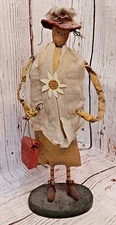 Primitive Folk Art Lady Figure on Stand w/ Hat Purse Sunflower