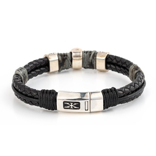Silver Skull Black Leather Bracelet, Men's Bracelet, Gothic Bracelet - Picture 3 of 4