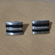Men's Silver & Black Enamel Rectangle Whale Back Cufflinks w/ Diamonds