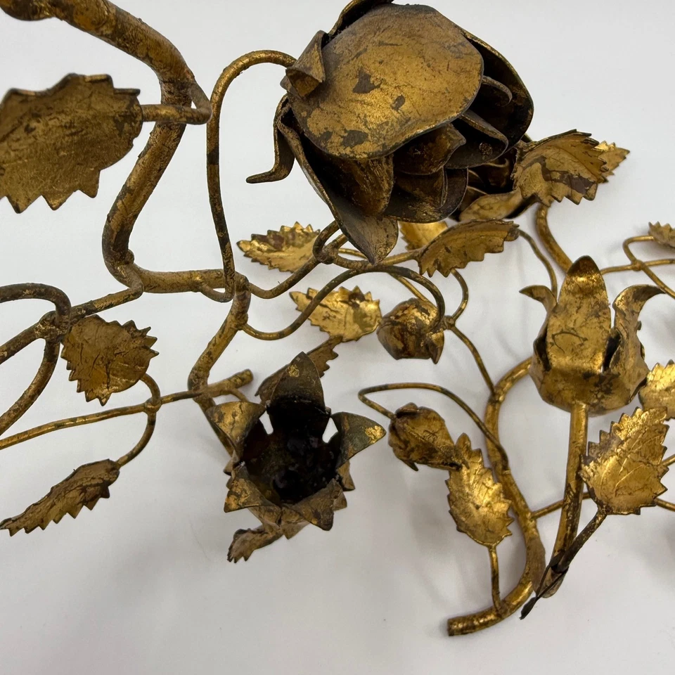 Vintage Italian Gilt Metal Rose Vine Wall Sconces Set of 2 Ornate Floral 9" - Image 4 of 4