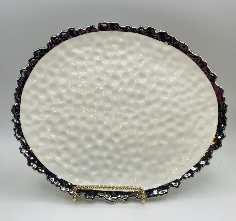 Luna Park White Embossed Oval Serving Plate Silver Rim 