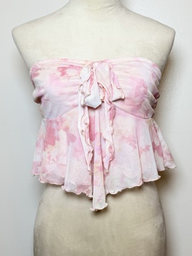 Pink Y2K Mesh Tube Top Small Bow Front Strapless Summer Cute Retro Style