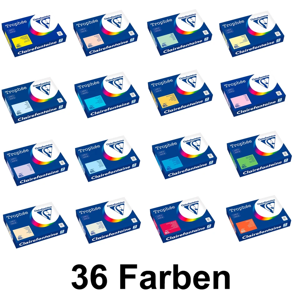 CLAIREFONTAINE 500 Blatt farbiges Papier. Farbiges Kopierpapier. DIN-A4 80gr. in 36 Farben