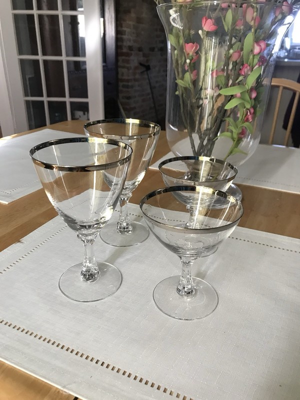 Vtg 4  Fostoria Platinum Trim Wedding Ring 2 Crystal Water Glasses & 2Sherbet?