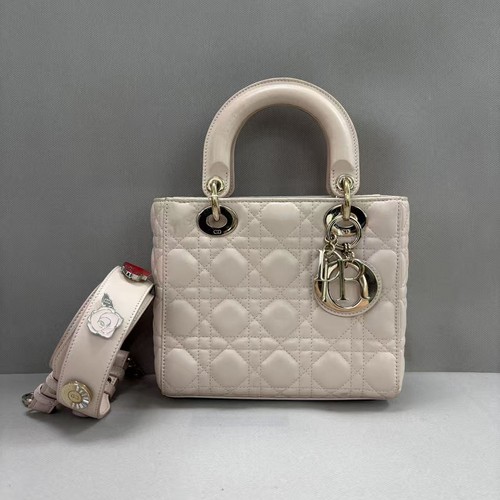 Auth Dior Lady Dior Handbag Pale Pink Lambskin Gold Hardware