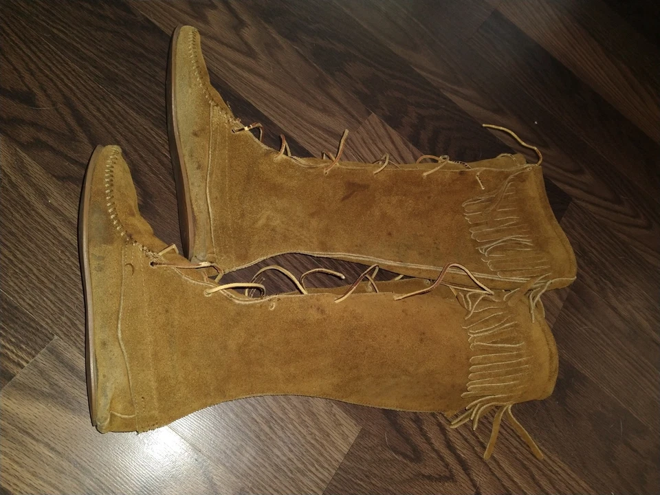 Minnetonka мокасины замши бахрома хиппи ботинки 70-х богемное кожаная подошва натуральный - Изображение 2 из 4