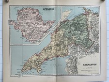 CARNARVON - ANGLESEY - c1891 Original Antique County Map Wales Beaumaris Bay