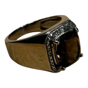 Anello Uomo Stile Quarzo Fumè Taglio Cuscino Argento Oro Bicolore Misura 9,75