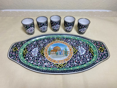 Vintage Persian Minai makers mark enameled tray and five tiny cup set