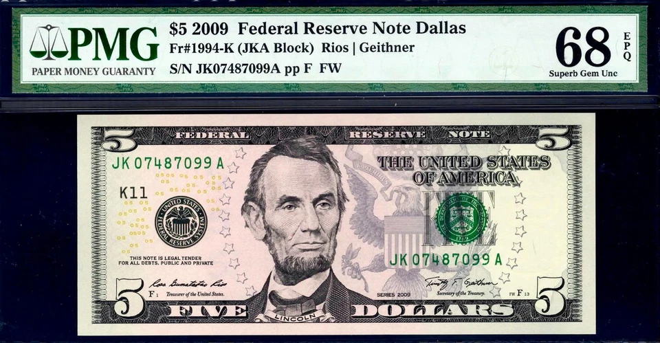 2009 $5 Dallas Federal Reserve Note 1994-K • PMG 68 EPQ • TOP POP 3/0 - Image 2 of 3