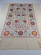 Vintage Uzbek Suzani Hand Embroidered Floral Medallion Bedspread 95x84in