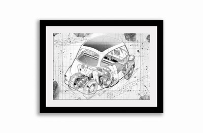 Line Tech Zeichnung BMW Isetta 300 Auto Car Classic Cutaway Kunst Poster Druck