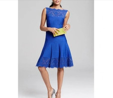 Tadashi Shoji Illusion Lace Pintuck Jersey Blue Cocktail Dress Women's Medium