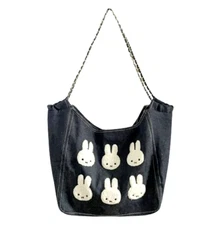 Miffy Rabbit Dark Blue Denim Leather Chain LARGE Shoulder Bag Tote Snap Closure