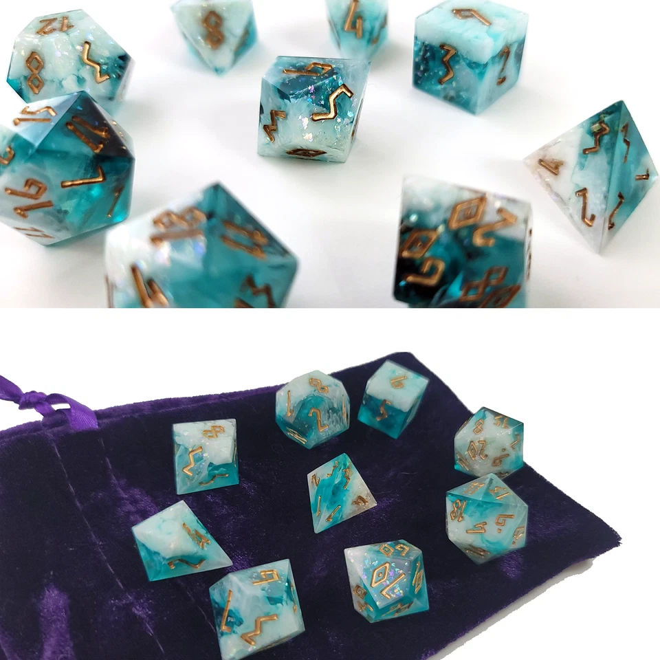 Handmade Resin Art 9-Piece Blue, White, Gold Dice Set for RPG Dungeons & Dragons - Image 2 of 4