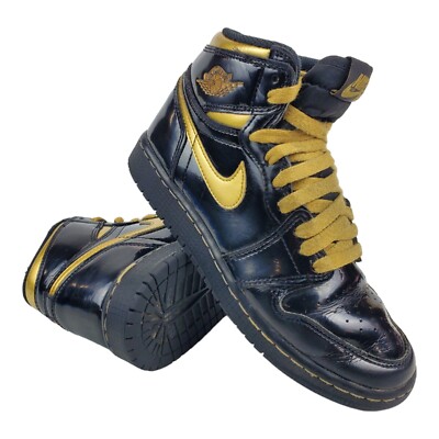NIKE AIR JORDAN RETRO HIGH OG Kids 4Y Black Gold Patent Leather  575441-032