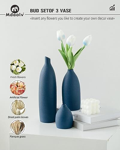 Matte Blue Vase Set Decor Coastal Decor Vases for Kitchen Island Navy Blue - Picture 5 of 7