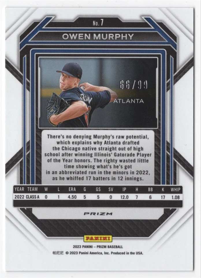 2023 Panini Prizm PURPLE Owen Murphy /99 Atlanta Braves #7 - Image 2 of 2