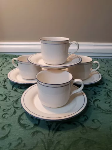 4 x Lenox Blue Pinstripes Chinastone Cup & Saucer Sets GUC
