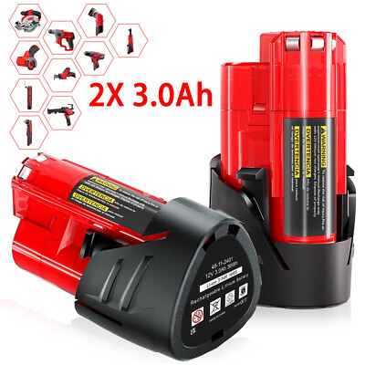 #ad 2 Pack 12V 3.0Ah for Milwaukee M 12 Lithium ion Battery 48 11 2425 48 11 2420 $19.99