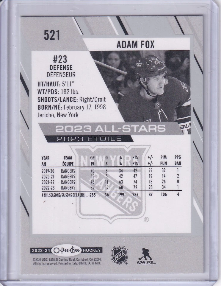 2023-24 O-Pee-Chee All-Stars #521 Adam Fox New York Rangers - Image 2 of 2