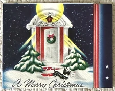 Unused Christmas House Scottie Dog Snow Art Deco Vtg Greeting Card 1930s 1940s